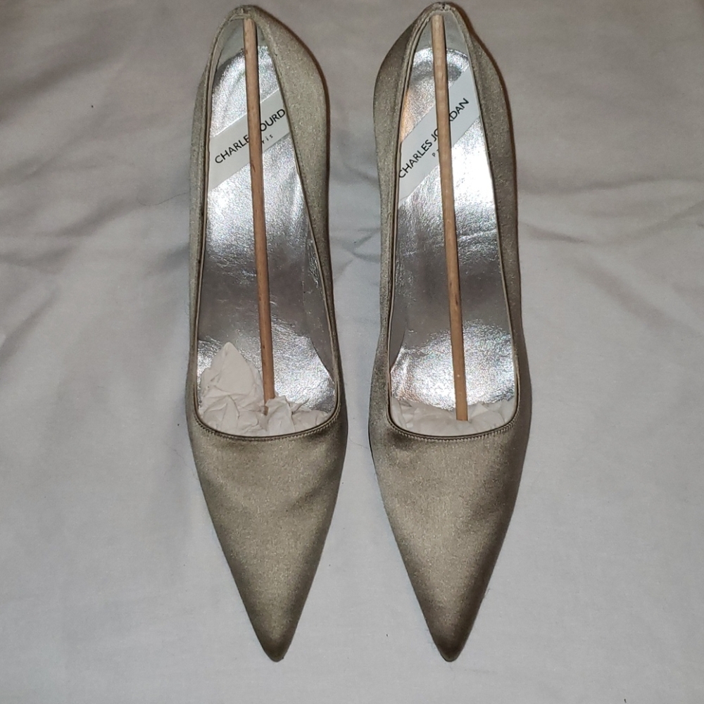 Charles Jourdan Silver/Taupe Silk Pumps